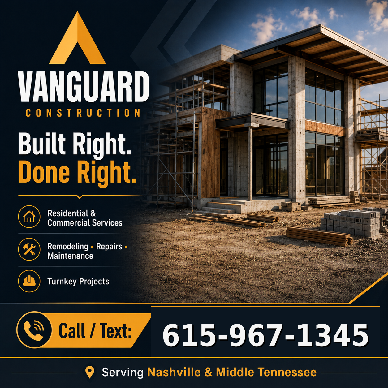 Vanguard Construction social media marketing image for residential and commercial services